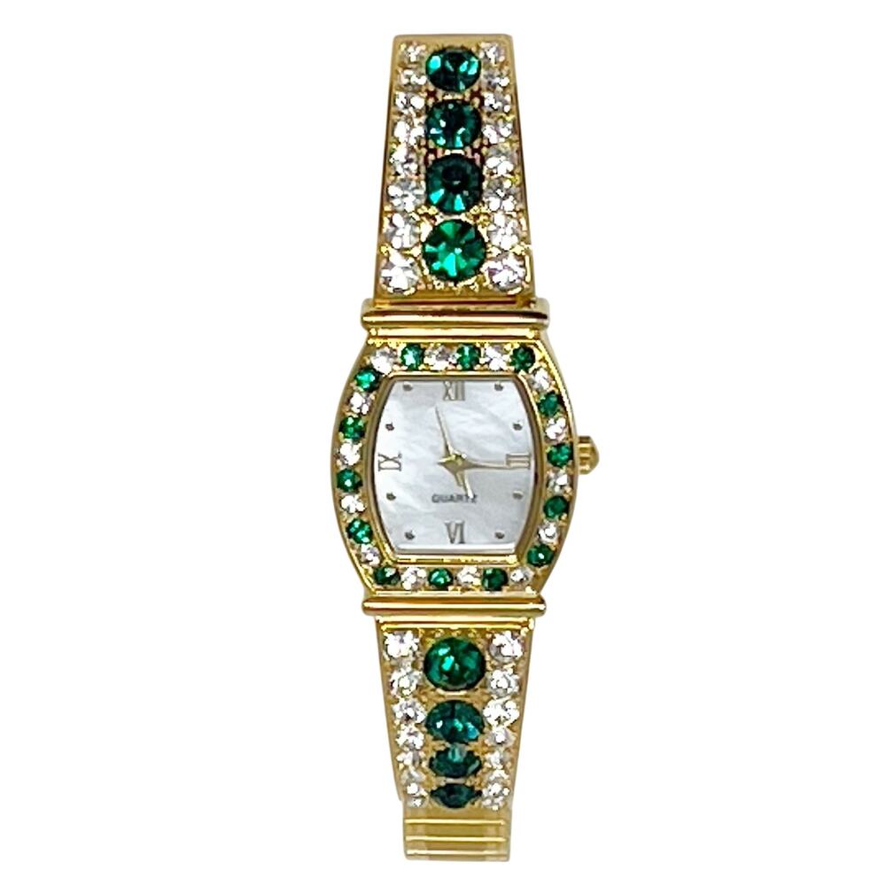 Modern Ladies Gold Tone Quartz Bracelet Watch Emerald Green Clear Crystals
